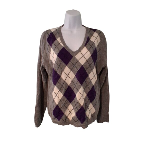 Cashmere Cashe nwt sweater womens XL gray argyle 2 ply pullover 100% cashmere - Picture 1 of 4